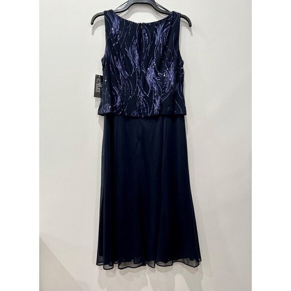 NWT Alex Evenings Size 8P Square Neck Sequin Waves Midi Dress Navy *Dress Only* - Picture 7 of 12